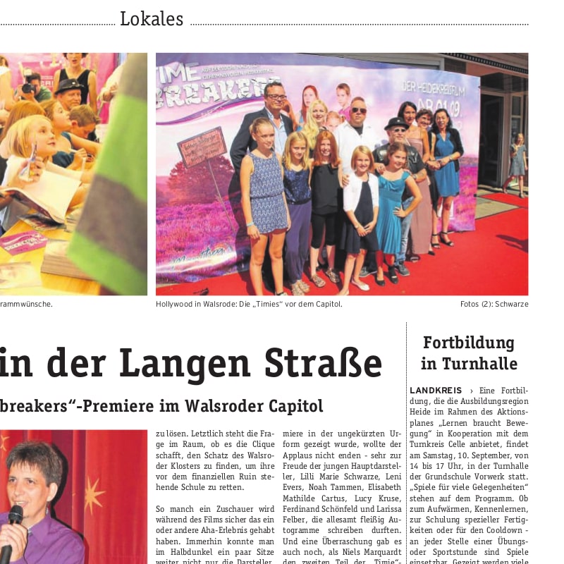 Walsroder Markt Zeitung on actress Rebekka Mueller and the film Timebrakers